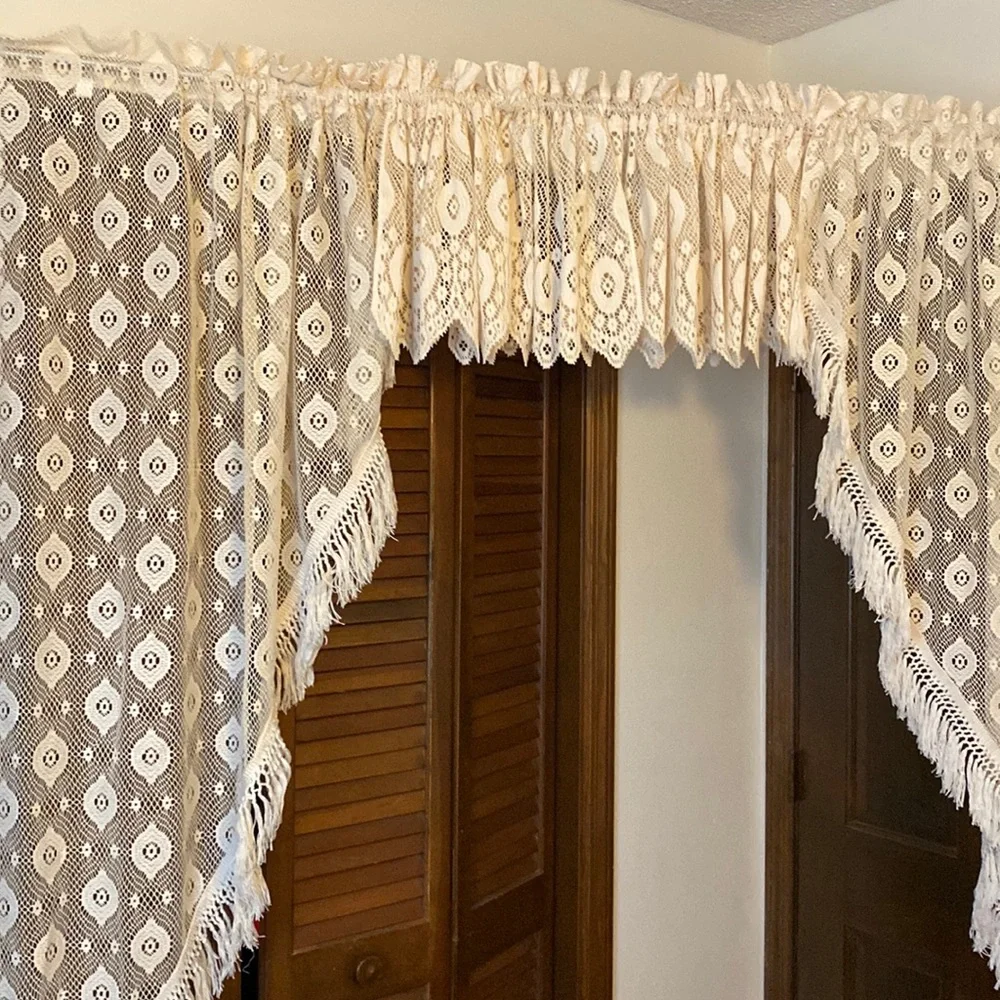 Pair cream lace curtains swag sides 64” x38” 2 valances 54”x 16” - Picture 1 of 6